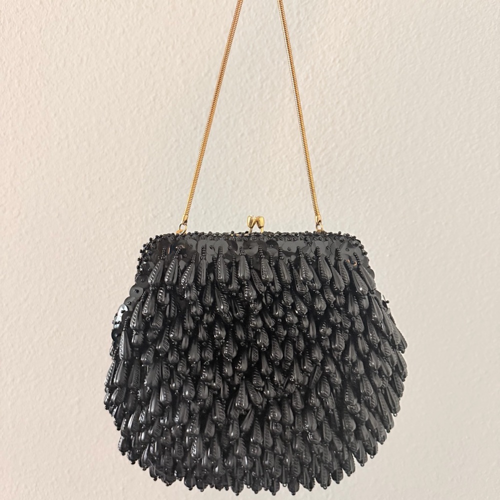 Walborg Black Beaded Clutch with Gold Chain Vintage 60s